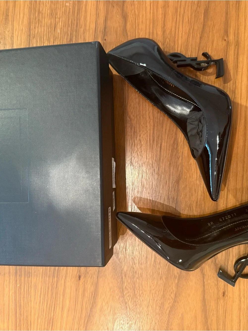 Saint Laurent Black Patent Opyum Logo Heel Pointed Pumps - Picture 3 of 7